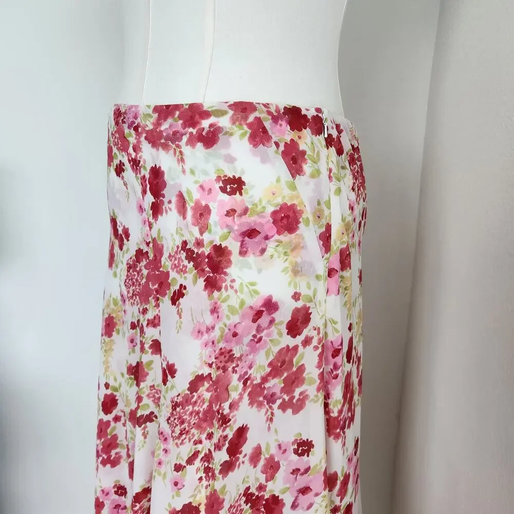 Vintage Y2K White Pink Floral Fairycore Midi Skirt Mid Rise Emma James 14